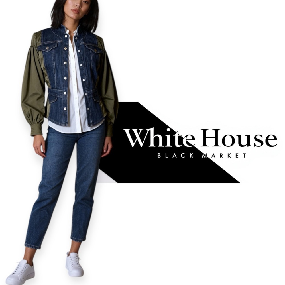 White House Black Market Blue Denim Jacket with olive green satin sleeves Size 8 - Picture 10 of 10